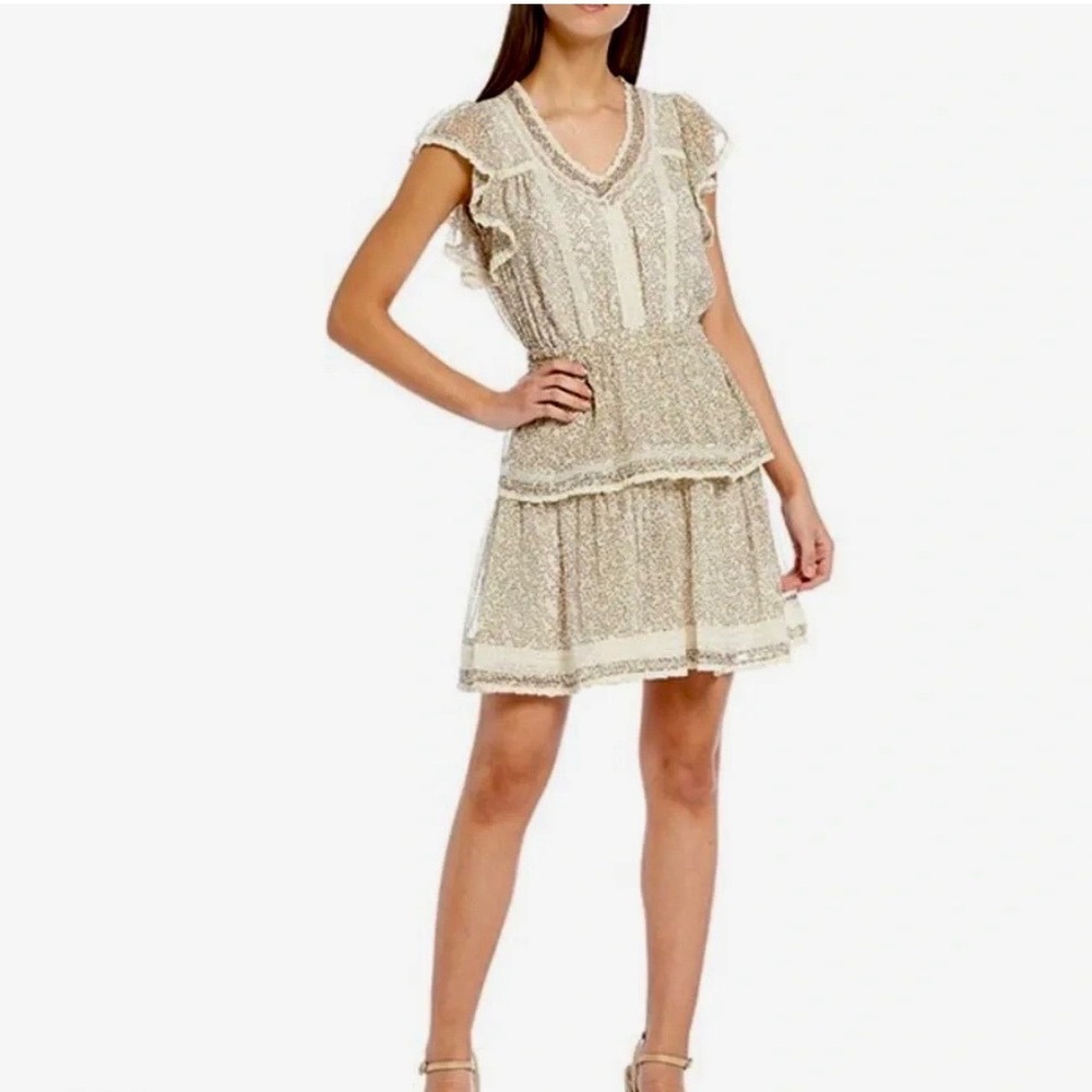 Chelsea & Violet Floral Lace Trim Tiered Mini Dress Yellow Blue Cream‎ Size S